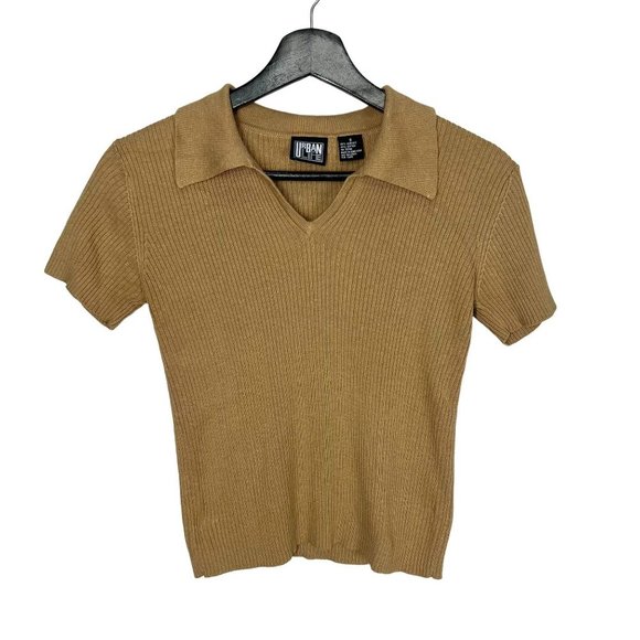 Vintage Tops - Vintage 90s Brown Ribbed Collared Short Waist Short Sleeve Top Small
